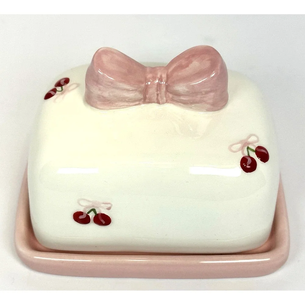 Pink Cherry Butter Dish Bow Lid Coquette Cottagecore Kawaii Kitchen Decor New
